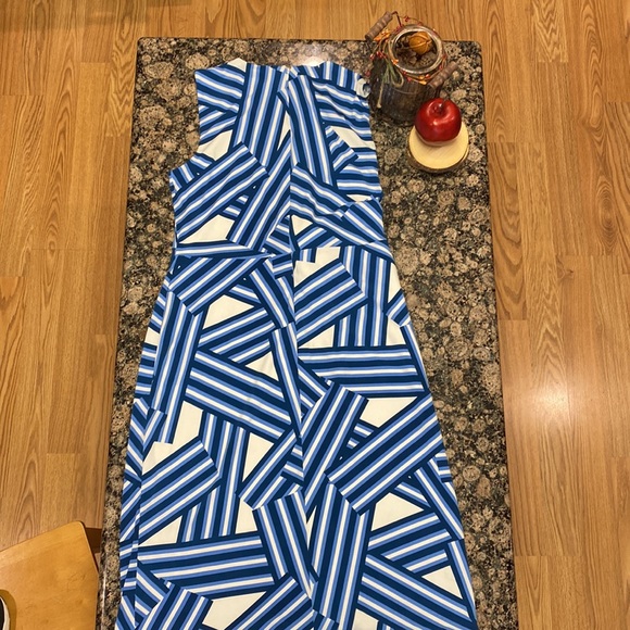 NWOT Ivanka Trump blue white geometric stripe faux wrap sheath, size M - Picture 6 of 15
